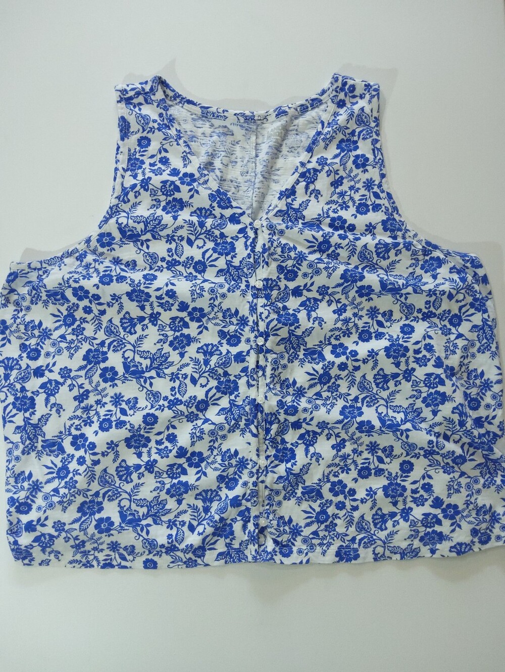 Lands End Button Down Sleeveless‎ Tank Top Womens 2XL Blue White Floral Beachy